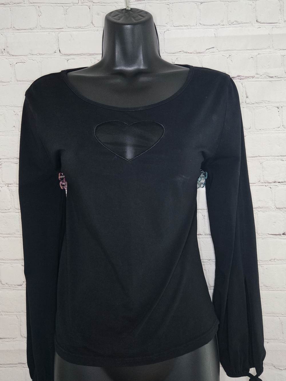 Y2k 90sβ Royal Monk M Black Blouse Sheer Mesh Heart Bust Cut Out Tue Sleeve